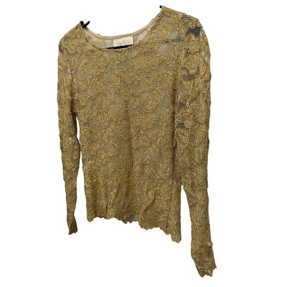 Caché Gold Lace Small Long Sleeve Top Elegant Mesh Floral Design Lightweight - Picture 3 of 8